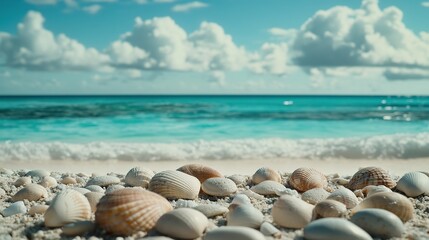 Obraz premium Seashells on a Sandy Beach with Ocean Background