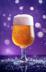 Adorable Creative Glass with Beer Foam on a Dark Purple Background