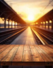 Obraz premium Empty table for product display with a blurred platform background at a train station. Urban lifestyle, travel concept, ideal for product marketing, advertising, transportation, and waiting space