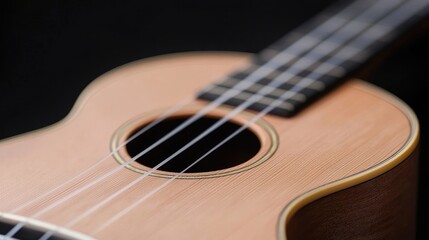 Obraz premium Ukulele close-up, strings, soundhole, music, black background