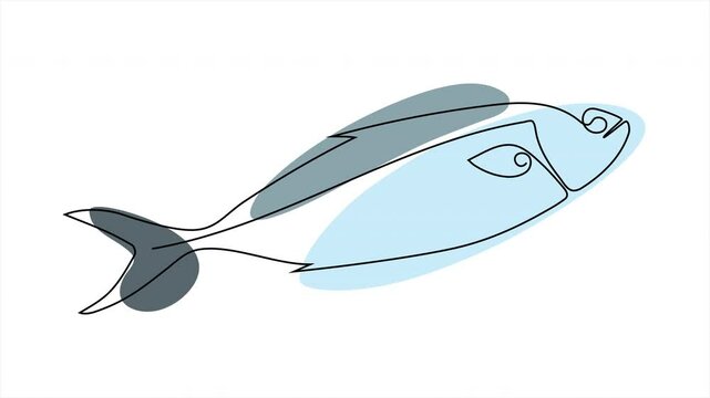 tuna fish drawn with one unbroken line on the background of abstract spots of blue and gray line art sketch. isolate on white background. Self-drawing contour animation, continuous line, 4K animation