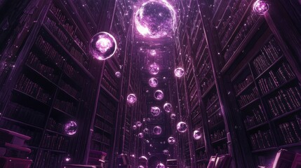 Magical library featuring books floating orbs and purple lighting