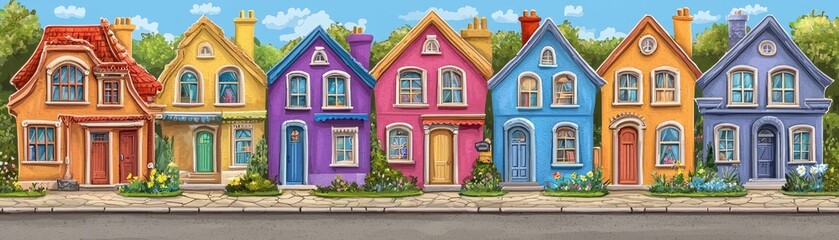 Obraz premium Colorful houses on a sunny street, green trees background, idyllic neighborhood scene, perfect for home decor