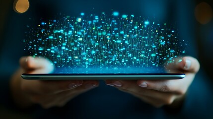 Glowing digital data streams from a tablet held in hands.