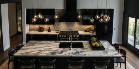 Luxurious kitchen features sleek black cabinetry and marble countertops
