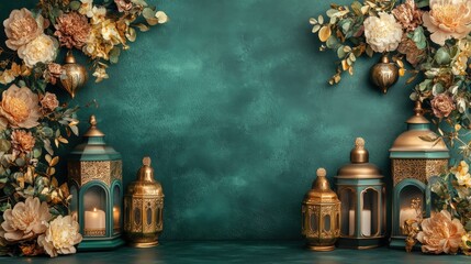 Fototapeta premium Elegant Ramadan Lanterns with Flowers on Teal Background Festive Islamic Decor