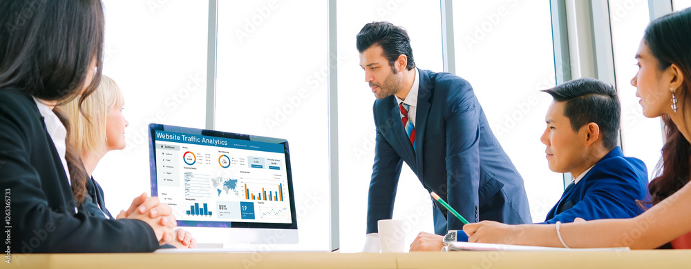 Poster computer software for website traffic analytics data on computer screen. concept of seo search engin