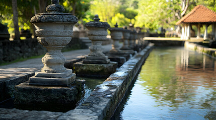 A row of ancient stone water fountains lined up along a natural spring