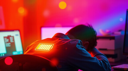Tired office worker with a glowing battery charge indicator on back. It specialist low on energy