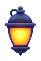 A glowing, dark-blue lantern with a warm, yellow light inside, isolated on a white background.
