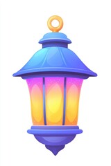 Colorful hanging lantern with vibrant glow, isolated on white.