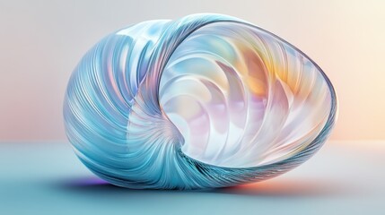 Abstract transparent glass parabolic shell with flickering chartreuse and opal white lines on a prism-like gradient background