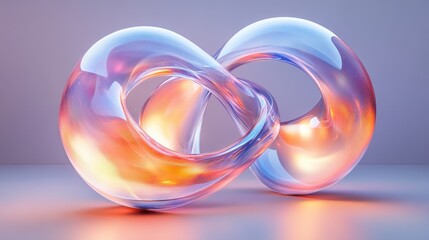 Obraz premium Abstract transparent glass helical strand with intersecting ruby and glacier blue lines on a softly illuminated dusk background