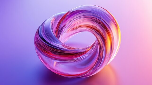 Abstract transparent glass spiral torus with iridescent periwinkle and sunlit orange lines on a twilight sapphire background, 3D rendering illustration of futuristic abstract shape