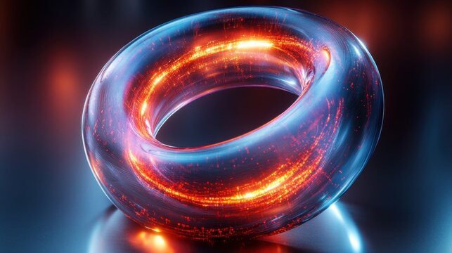 Abstract transparent glass toroidal loop with luminous indigo and molten red lines on a smooth polished silver background, 3D rendering illustration of futuristic abstract shape - Powered by Adobe