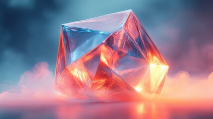 Abstract transparent glass irregular polyhedron with shimmering copper and electric blue lines on a soft misty background, 3D rendering illustration of futuristic abstract shape 