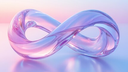 Abstract transparent glass infinity loop with soft lilac and glowing sapphire lines on a radiant sky blue background, 3D rendering illustration of futuristic abstract shape with holographic element.