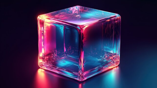 Abstract transparent glass pentagonal prism with glowing teal and vivid magenta lines on a gradient navy background, 3D rendering illustration of futuristic abstract shape with holographic element.