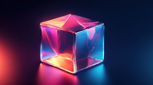 Abstract transparent glass pentagonal prism with glowing teal and vivid magenta lines on a gradient navy background, 3D rendering illustration of futuristic abstract shape with holographic element.