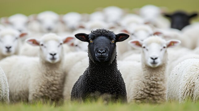 Black sheep leads white flock in pasture - Powered by Adobe
