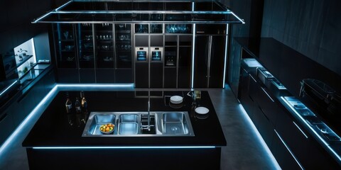Modern Dark Kitchen With Sleek Appliances And Blue Lighting