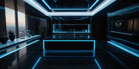 Fototapeta premium Modern Futuristic Kitchen with City View and Blue Lighting
