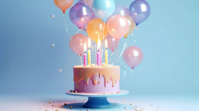 Celebration cake with colorful balloons and lit candles against blue background