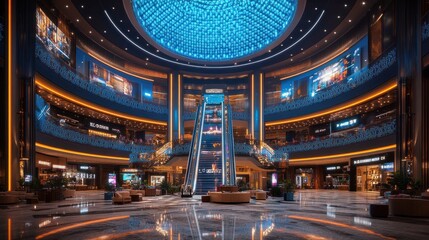 Luxurious cruise ship shopping mall interior at night