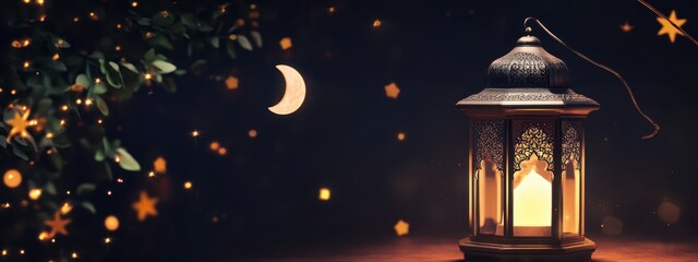 Islamic background with lantern and night stars crescent moon place for text, ramadan banner orientation