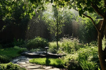Serene garden rain, lush greenery, stone path.