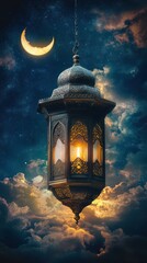 lantern, crescent, vertical, night sky, space for text, Ramadan, background