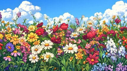 Fototapeta premium A colorful cartoon illustration of wildflowers growing in the meadow 