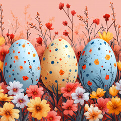 Happy Easter. Vector seamless pattern. Easter eggs with abstract flowers. Design element.