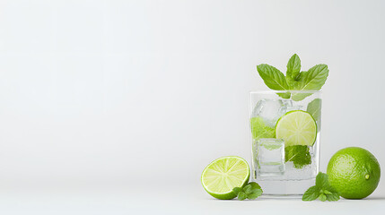 refreshing glass filled with ice, mint leaves, and lime slices, perfect for summer drink. vibrant green limes and mint create lively atmosphere
