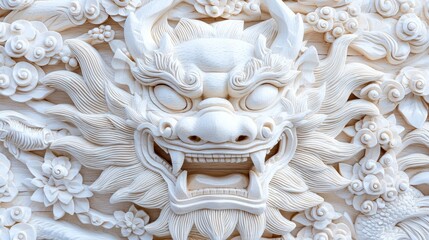 Ornate carved dragon face on temple wall, decorative art, background