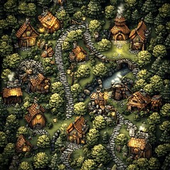 Fototapeta premium Enchanting Fairytale Village nestled in a lush green forest.