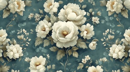 A beautiful pattern featuring soft white flowers and green leaves, perfect for a calm and elegant floral design.