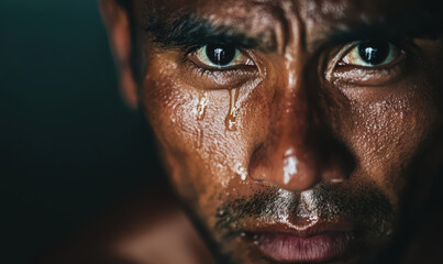 Obraz premium A Powerful Portrait Capturing the Raw Emotion of Humanity: The Intense Gaze and Vulnerability in a Tearful Face Reflecting Struggles and Resilience Amidst Darkness