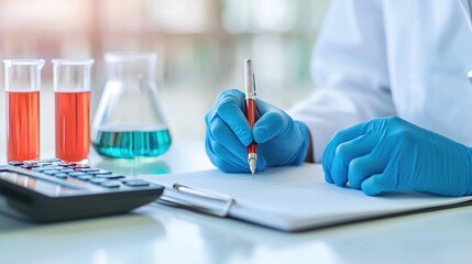 Laboratory scientist writing budget notes with pen in modern lab environment close-up view