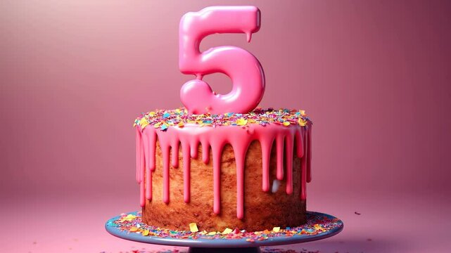 Colorful confetti explosion around pink dripping cake with number five candle