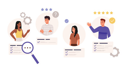 Vector illustration of job hiring. Cartoon scenes of job candidate resumes, boys and girls on websites, magnifying glass, star ratings, information lines, check marks isolated on white background.