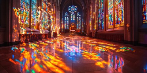 Obraz premium Church with Stained Glass Windows and Bench