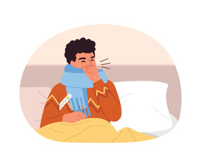 Vector illustration of a man with a cold. Cartoon scene of a sick man lying in bed with pillows, under a blanket, wrapped in a scarf, taking his temperature, sneezing isolated on a white background.