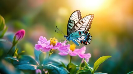 Blue Butterfly on Pink Flower in Sunny Garden