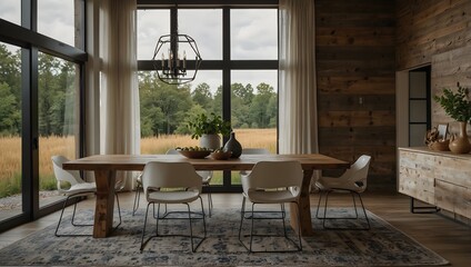 Obraz premium Dining area with large wooden table, modern chairs, rustic wood paneling, and expansive windows with rural view