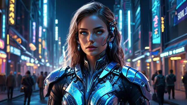 A strong female warrior in futuristic armor with glowing cybernetic elements, standing against a neon-lit cyberpunk cityscape. Concept of sci-fi action and digital rebellion