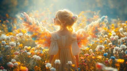 A magical, dreamy image of a little angel with glowing wings, standing among soft cotton flowers in the golden sunlight.