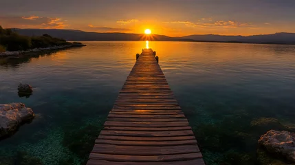 Fototapete Rund A wooden pier extending into a crystal-clear lake under a golden sunset, symbolizing peace and happiness © Khalid