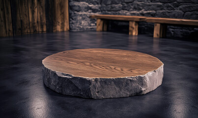 Round Wooden Table on Rustic Stone Base in Industrial Style Room with Textured Walls and Wooden Benches in Background