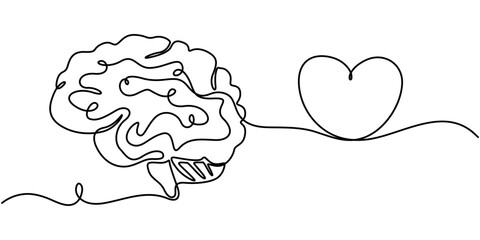 One line drawing of half of a human brain and a human heart. Vector illustration, One continuous line drawing of  human brain and love heart shape logo icon. Balance. Psychological split affection.